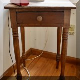 F114. Single drawer antique side table with turned legs. 